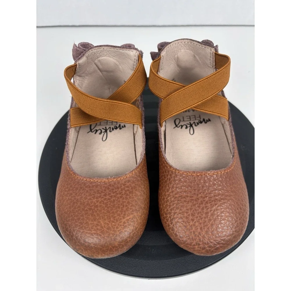 Monkey Feet Ballet Flat Strap Bow Ankle ToddlerGirls 18-24 mos Brown Leather EUC